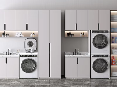 Sleek Modern Bathroom Cabinet Rack With White Storage Cabinets And Washing Machine Area 3d model