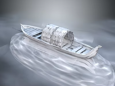 Wooden Boat With Woven Canopy Floating On Calm Water Surface With Gentle Ripples 3d model