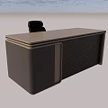 Modern Dark Brown Office Desk With Roller Shutter Cabinet and Black Office Chair Setup
