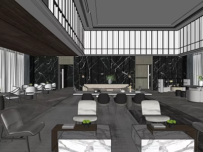 Modern Lounge Area Interior With Comfortable Sofas Marble Coffee Tables And Large Windows 3d model