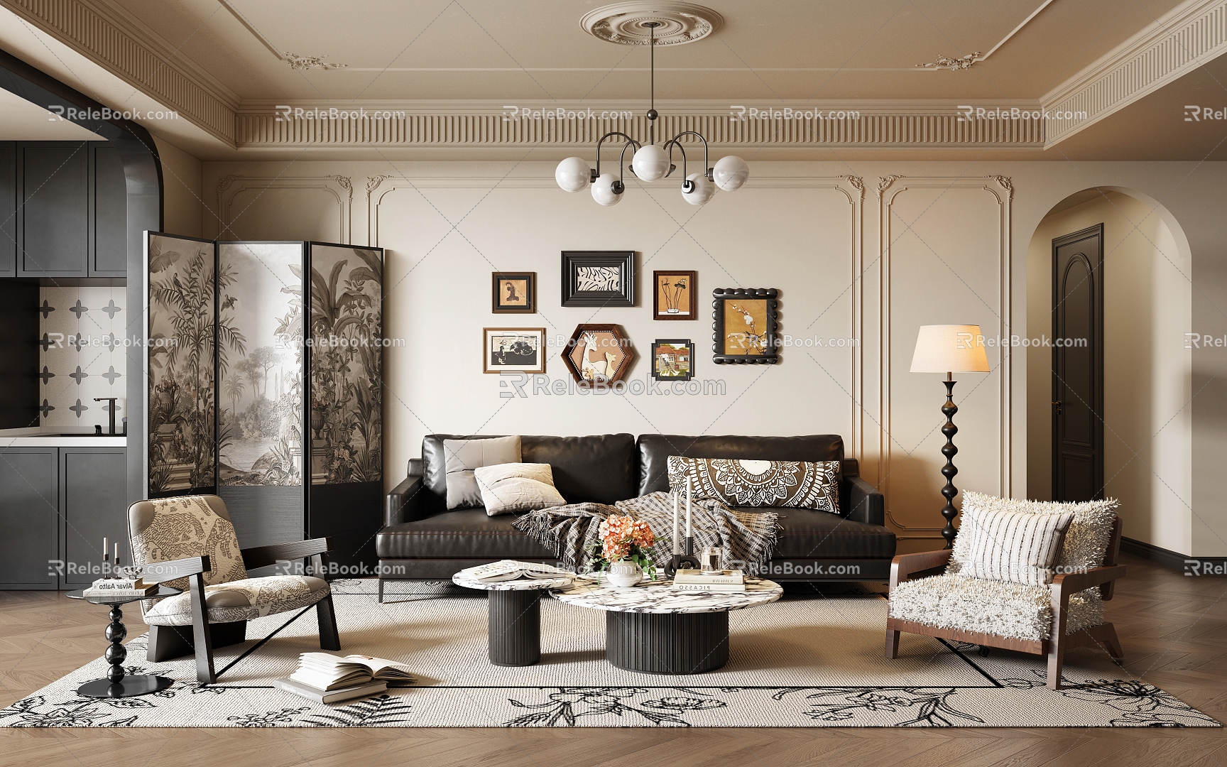 French Middle Style Living Room Sofa Coffee Table Combination Leather Sofa French Middle Style Coffee Table French Middle Style Leisure Chair French Middle Style Hanging Painting French Retro Living Room 3d model