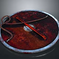 Ancient Medieval Weapon Round Shield With Metal Rim And Red Hilt Sword