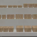 Brown Cardboard Storage Boxes In Various Sizes Arranged On White Shelf 3d model