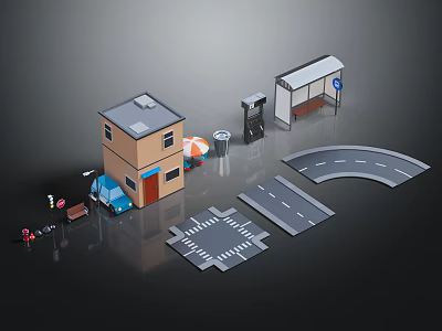 Small House Bus Stop In 3D Model Scene With Road Car Trash Can Umbrella 3d model