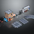Small House Bus Stop In 3D Model Scene With Road Car Trash Can Umbrella