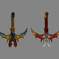 Two Fantasy Weapons With Decorative Designs Different Colors And Unique Shapes 3d model