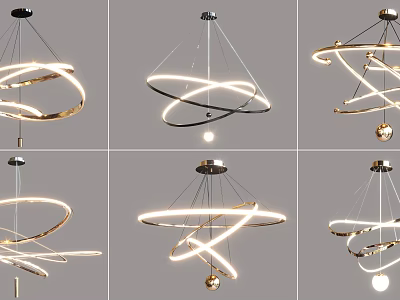 Various Modern Hanging Chandeliers With Curved Ring Structures And LED Lights 3d model