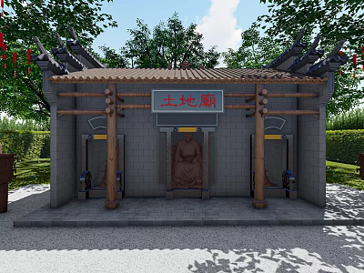 Ancient Architecture Earth God Temple with Classic Roof Wooden Pillars Stone Statue and Trees 3d model