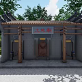 Ancient Architecture Earth God Temple with Classic Roof Wooden Pillars Stone Statue and Trees