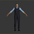 Men's Business Style Attire With Blue Shirt Dark Vest Dark Suit Pants And Leather Shoes
