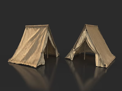 Two Beige Canvas Tents With Wooden Poles And Natural Texture For Outdoor Use 3d model