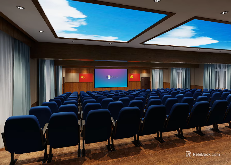 Modern Conference Room Interior With Blue Seats Wooden Floor Sky Cloud Ceiling Skylights Projection Screen 3d model 
