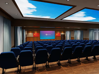 Modern Conference Room Interior With Blue Seats Wooden Floor Sky Cloud Ceiling Skylights Projection Screen 3d model