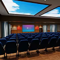 Modern Conference Room Interior With Blue Seats Wooden Floor Sky Cloud Ceiling Skylights Projection Screen