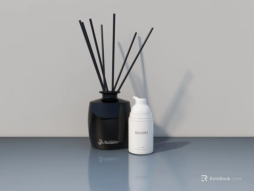 Stylish Swing Door Design With Black Reed Diffuser And White Lotion Bottle 3d model 