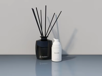 Stylish Swing Door Design With Black Reed Diffuser And White Lotion Bottle 3d model