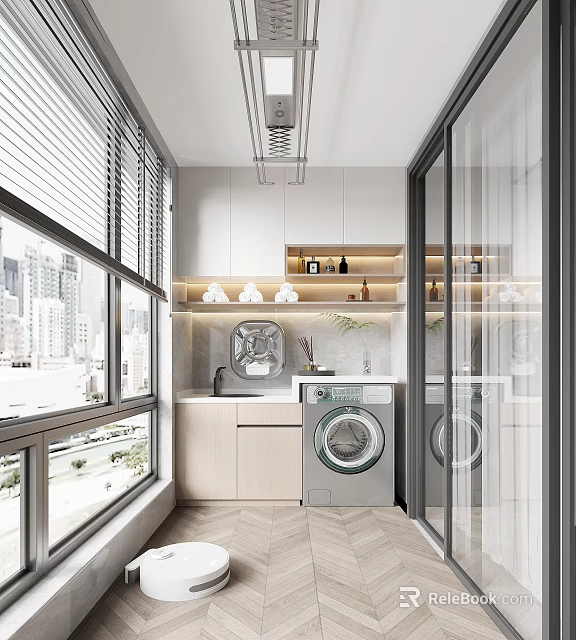 Home Balcony Interior with Slatted Blinds Large Windows City View Washing Machine Cabinets and Sink 3d model 