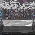Modern Bar Interior with Neon Lights Colorful Lighting Mirrored Ceiling Bar Counter and Seats