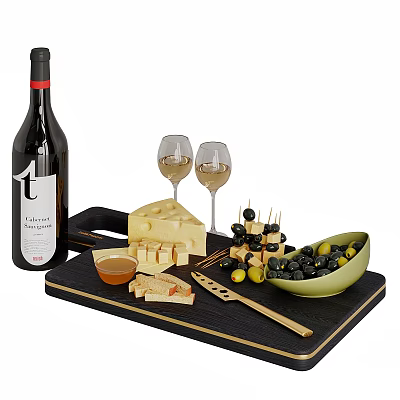Elegant Wine Bottle And Glasses With Cheese Olives Honey Bread On Cutting Board 3d model