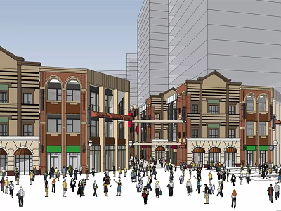 Vibrant Commercial Street with Traditional Architecture Arched Windows Brick Facades and Busy Crowds Around Storefronts 3d model