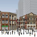 Vibrant Commercial Street with Traditional Architecture Arched Windows Brick Facades and Busy Crowds Around Storefronts