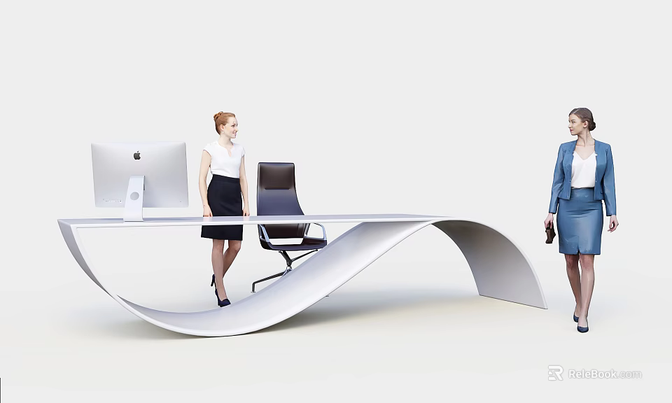 Modern Curved Reception Desk In Office Lobby With Computer Monitor And Staff 3d model 