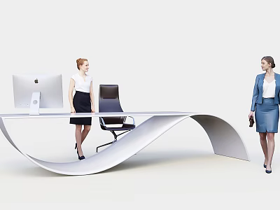 Modern Curved Reception Desk In Office Lobby With Computer Monitor And Staff 3d model