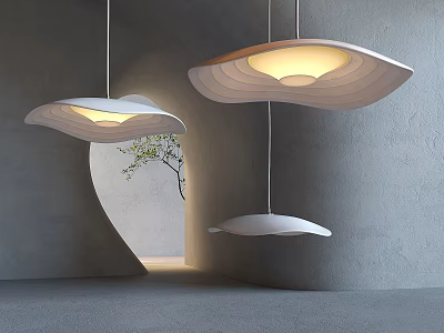 Three Modern Light Colored Chandeliers With Irregular Shape Design In Gray Wall Interior And Warm Glow 3d model