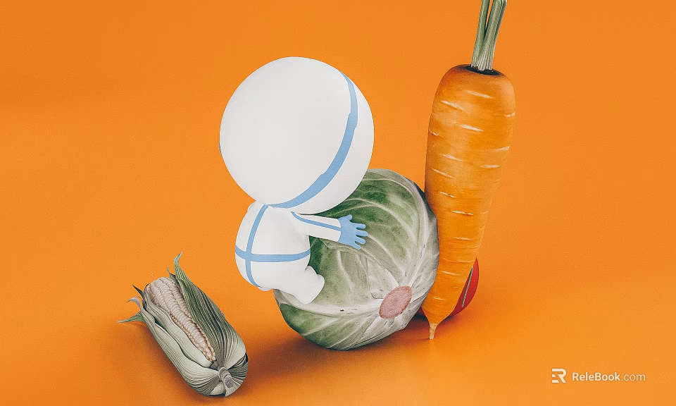 White Astronaut Figurine With Cabbage Carrot And Corn Decorative Set On Orange Background 3d model 
