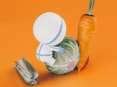 White Astronaut Figurine With Cabbage Carrot And Corn Decorative Set On Orange Background 3d model