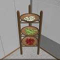 Wooden Corner Storage Rack with Three Woven Trays Holding Garlic Green Vegetables and Red Chilies