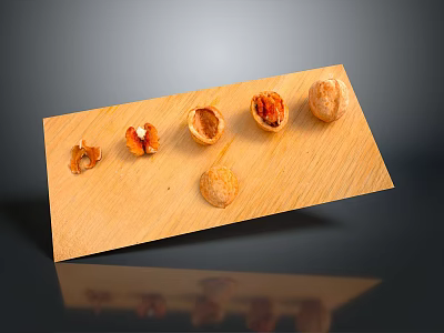 Whole And Opened Nuts Arranged On A Wooden Board With Gray Background 3d model