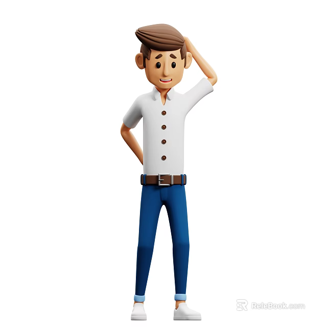 A Man in White Buttoned Shirt and Blue Pants Scratching Head with Hand Behind Back 3d model 