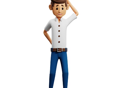 A Man in White Buttoned Shirt and Blue Pants Scratching Head with Hand Behind Back 3d model