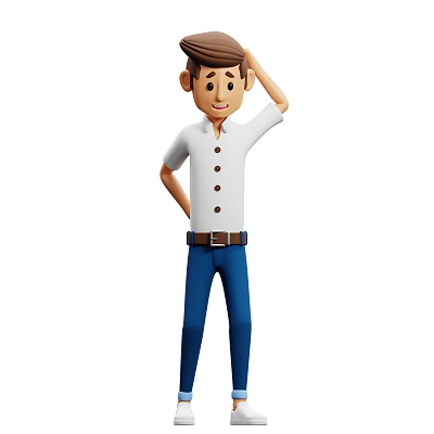 A Man in White Buttoned Shirt and Blue Pants Scratching Head with Hand Behind Back 3d model