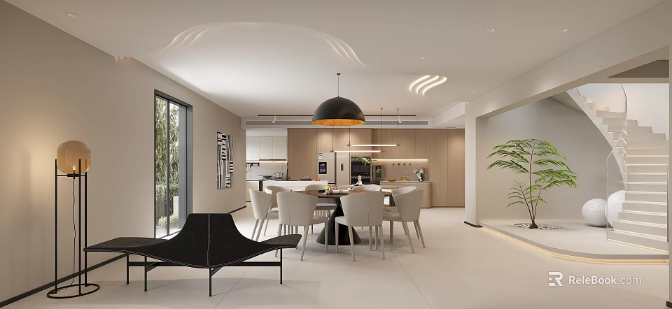 Modern Basement Open Concept Kitchen And Dining Area 3d model 
