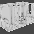 Cartoon Room Scene With Glass Door Toilet Kitchen Desk Chair Computer And Window