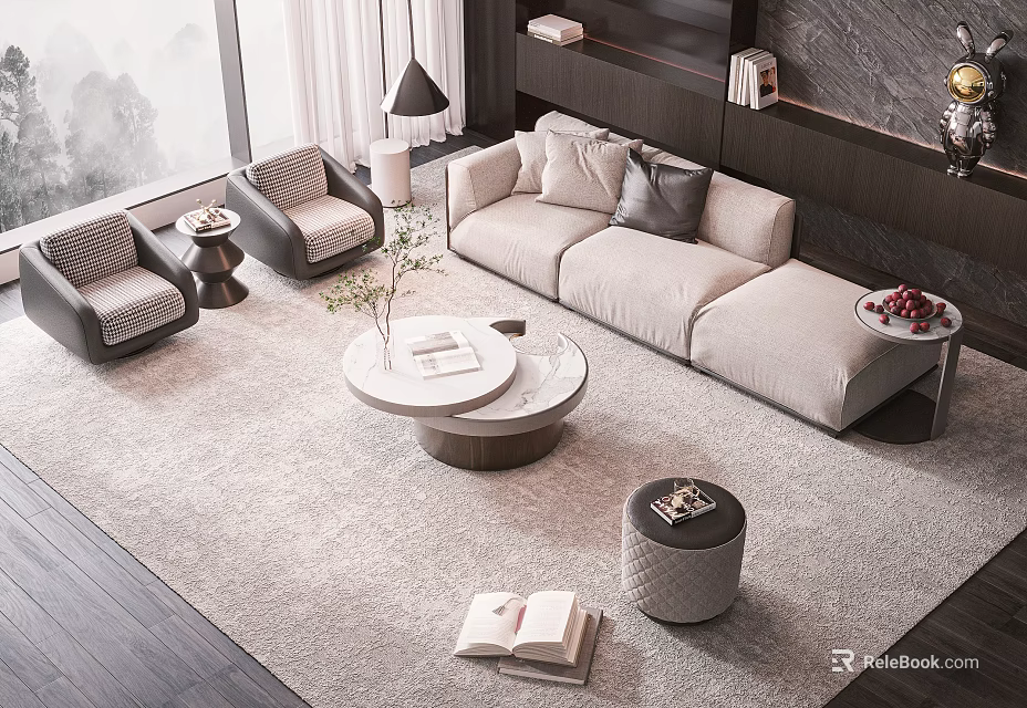 Modern Beige Sofa and Coffee Table Set With Pillows Round Table Armchairs and Natural Light 3d model 