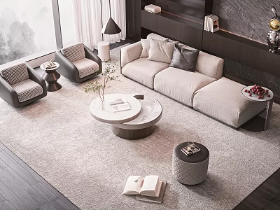Modern Beige Sofa and Coffee Table Set With Pillows Round Table Armchairs and Natural Light 3d model
