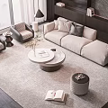 Modern Beige Sofa and Coffee Table Set With Pillows Round Table Armchairs and Natural Light