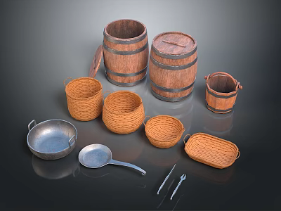 Rustic Decorative Ornament Set With Wooden Barrels Wicker Baskets And Metal Utensils 3d model