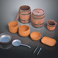 Rustic Decorative Ornament Set With Wooden Barrels Wicker Baskets And Metal Utensils