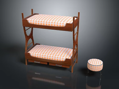 Wooden Bunk Bed Frame with Orange White Checkered Mattress and Matching Stool 3d model
