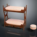 Wooden Bunk Bed Frame with Orange White Checkered Mattress and Matching Stool