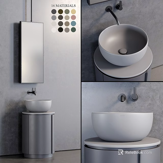 Modern Minimalist Washbasin Design With Round Countertop Basin Wall Mirror And Color Swatches 3d model 