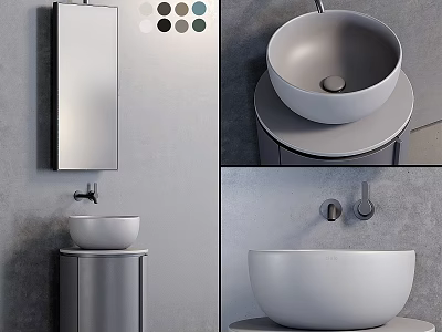 Modern Minimalist Washbasin Design With Round Countertop Basin Wall Mirror And Color Swatches 3d model