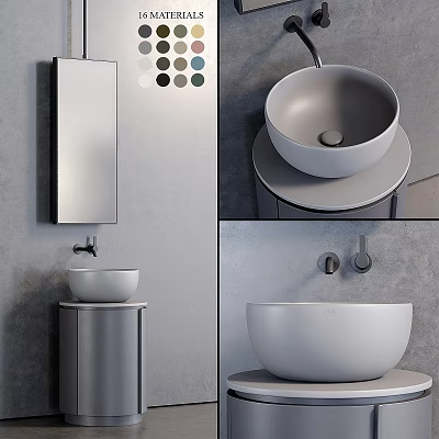 Modern Minimalist Washbasin Design With Round Countertop Basin Wall Mirror And Color Swatches 3d model