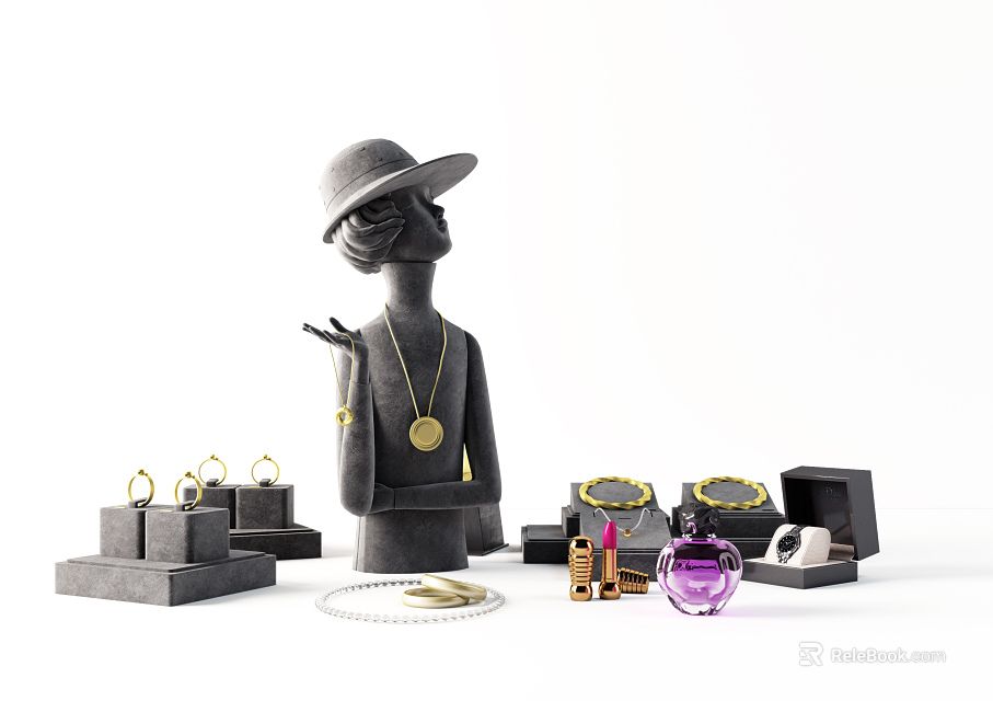 Elegant Jewelry Display With Mannequin Necklace Rings Earrings Jewelry Boxes And Perfume Bottle 3d model 