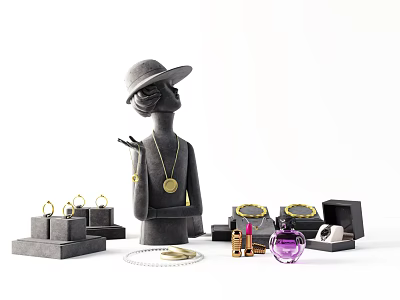 Elegant Jewelry Display With Mannequin Necklace Rings Earrings Jewelry Boxes And Perfume Bottle 3d model