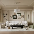 Elegant Modern Living Room Interior With Beige Paneled Walls White Sofa Framed Paintings And Chandelier